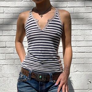 Y2K Jack + Jinger Striped Racerback Tank Top Floral Trim Ruched Sides Small